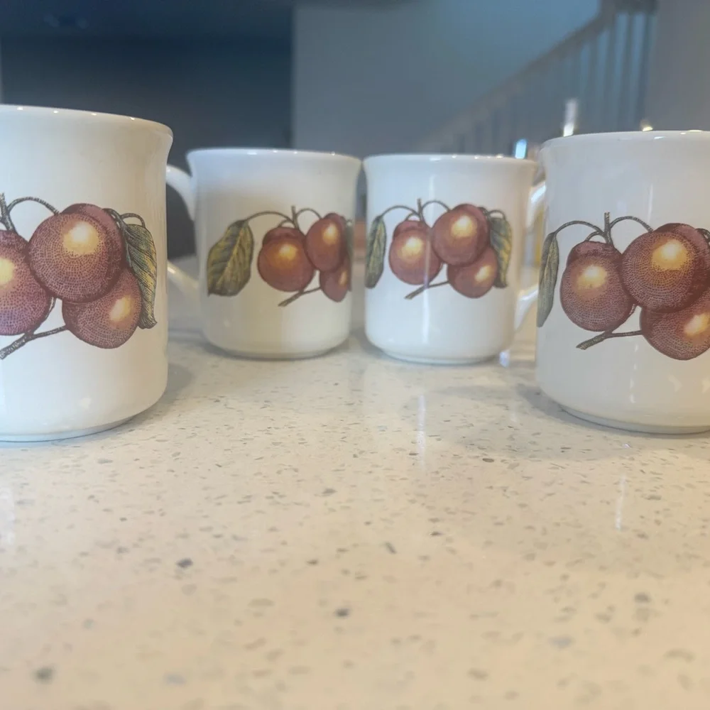 Pier 1 White Ceramic Mugs with Fruit Motif - Set of 4